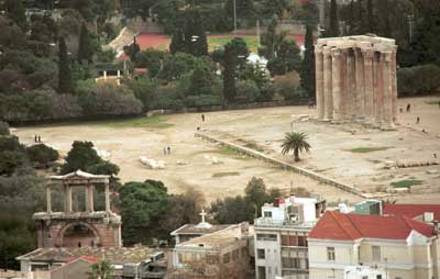 View of ancient sites from the Acropolis. Hadrian's Arch is at lower left.