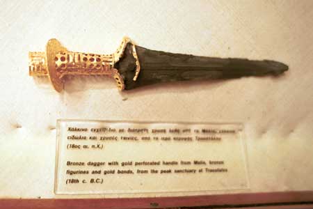This bronze dagger with gold handle dates from 1800 BC.