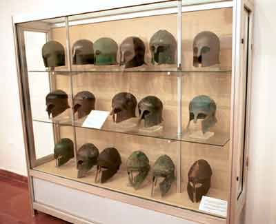 A case full of ancient helmets