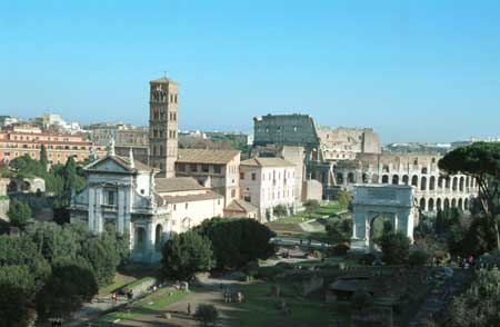 Forum Romano with Colosseum in the background.