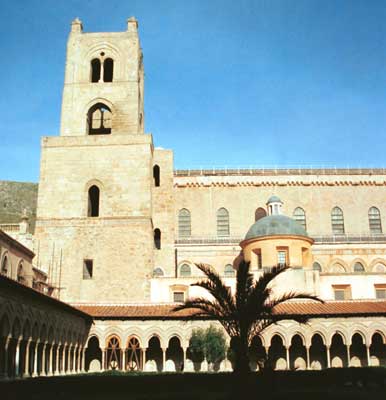 View of the Cathedral and its tower from the cloister courtyard.