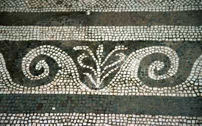 Another intricate black and white mosaic on a floor.