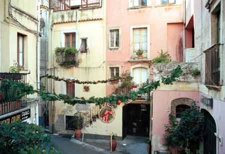 Narrow streets decorated for Christmas