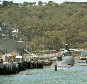 A sub in port at the Naval base